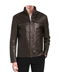 Men Lambskin Leather Bomber Jacket In Dark Brown