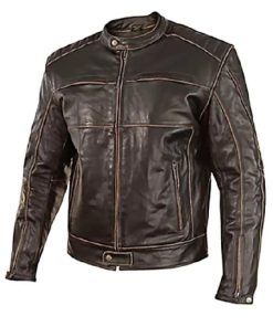 Mens Vintage Style Cowhide Black Leather Biker Jacket