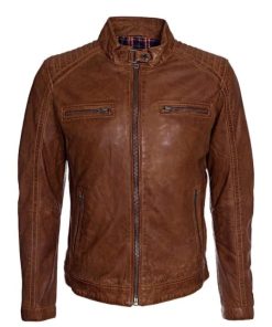 Mens Waxed Sheepskin Fashion Brown Leather Jacket