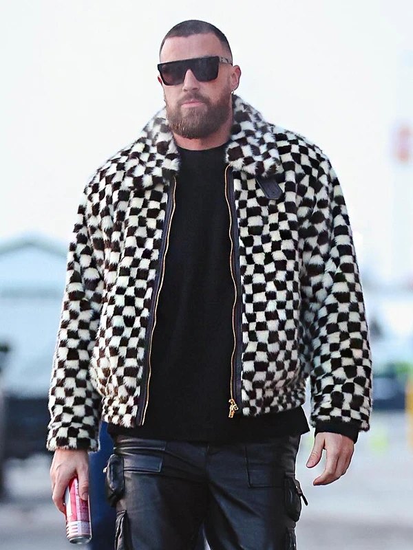 Travis Kelce Checkered Faux Fur Jacket Stardom Jackets