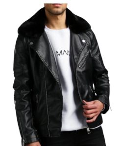 Mens Leather Biker Black Jacket With Fur Collar