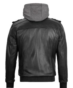 Black Bomber Leather Jacket With Removable Hood Men's